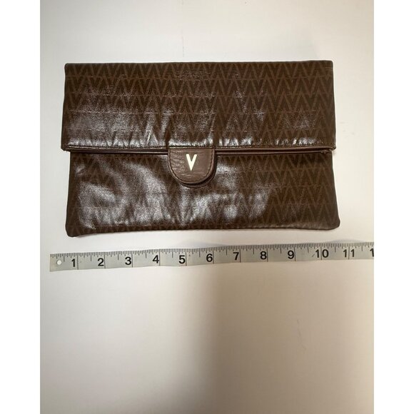 Authentic Valentino Vintage Brown V Monogram Clutch Foldover Faux Leather Womens - Picture 5 of 10